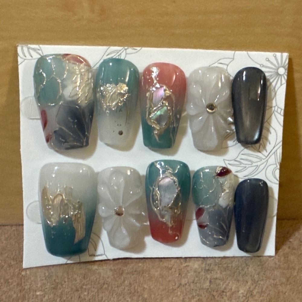 3D Floral Press On Nails Teal Coral Gold Foil Shell Inlay Coffin Fake Nails Set